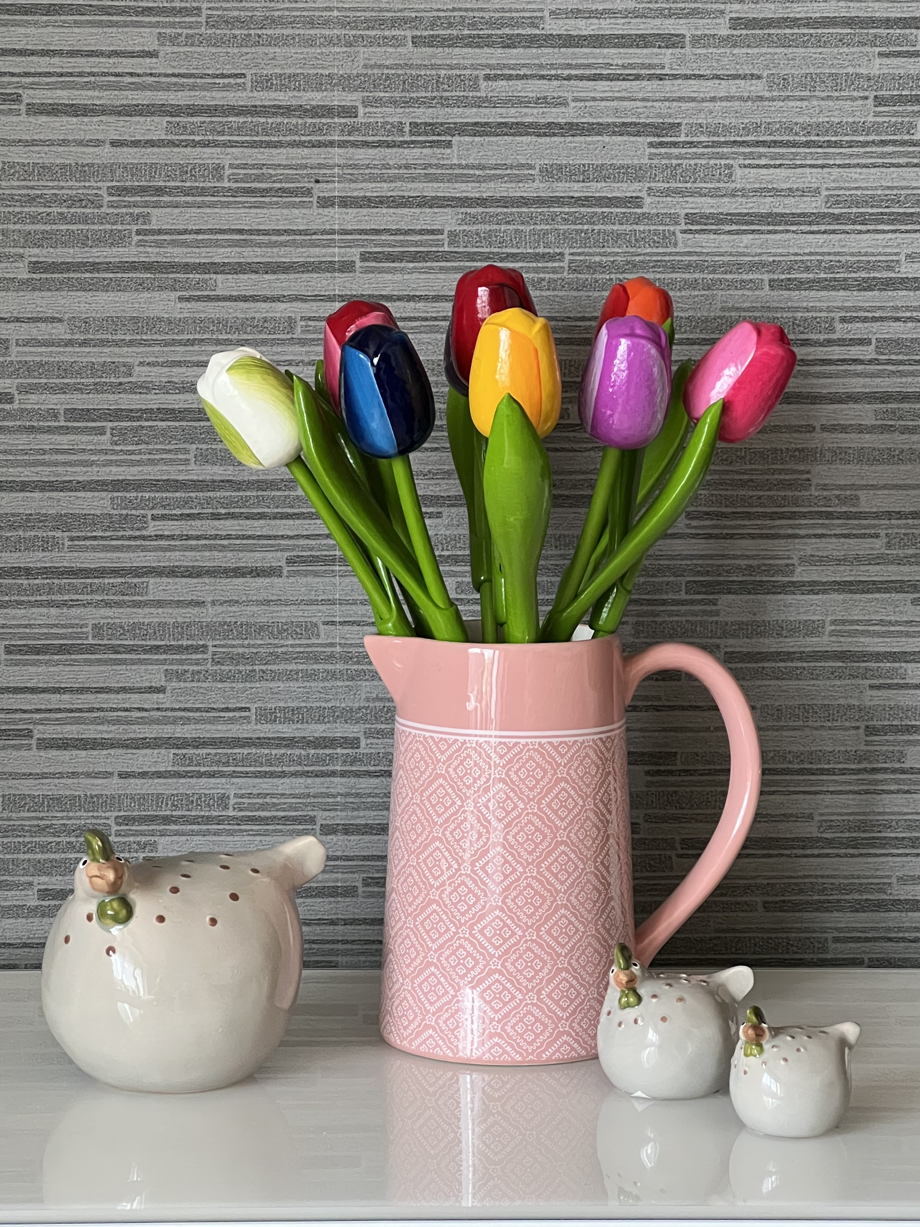 Holztulpen, Strauss Tulpen, 9 Tulpen aus Holz, Hoehe 34 cm, Oster Deko