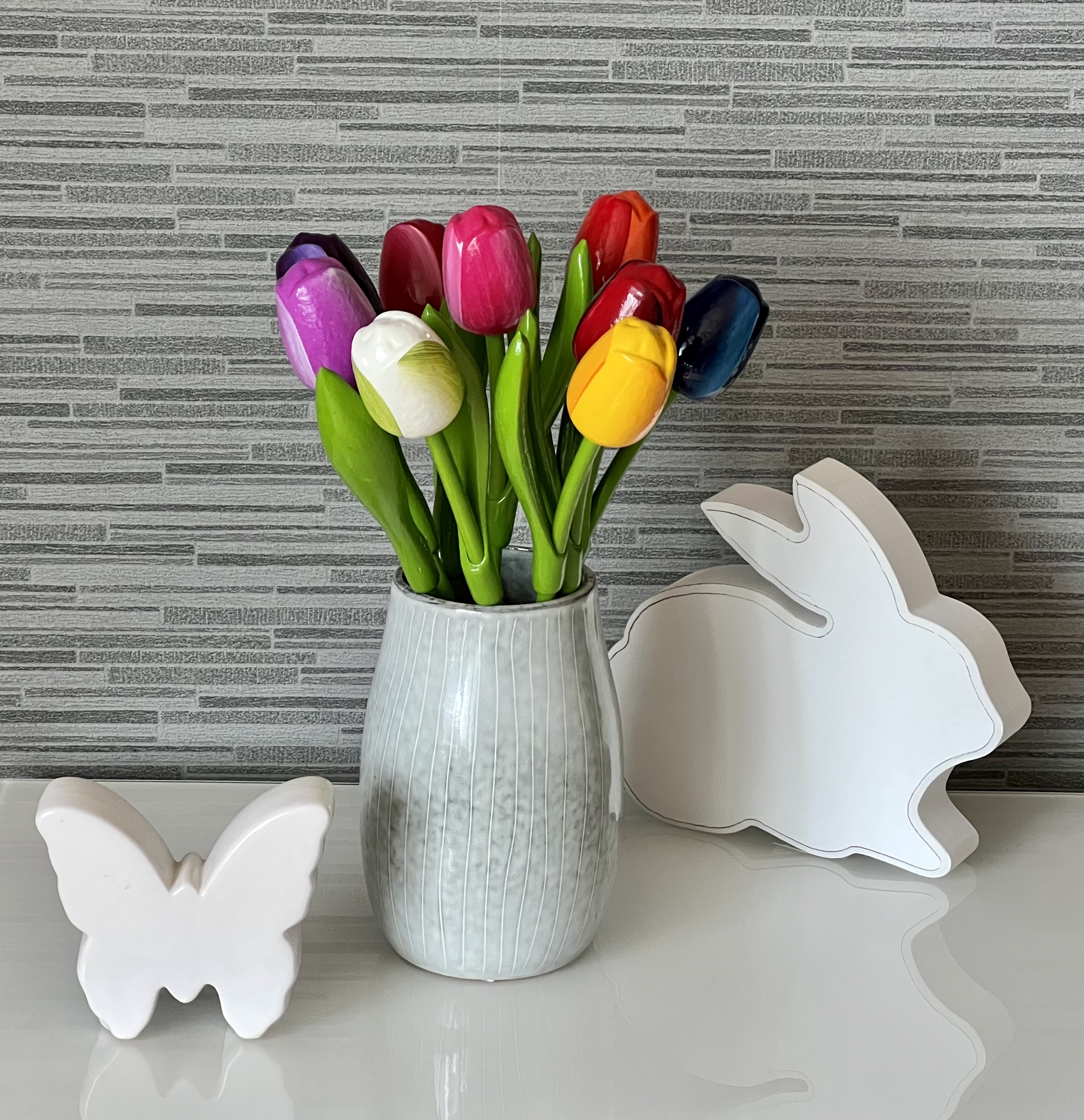 Holztulpen, Strauss Tulpen, 9 Tulpen aus Holz, Hoehe 34 cm, Oster Deko 2